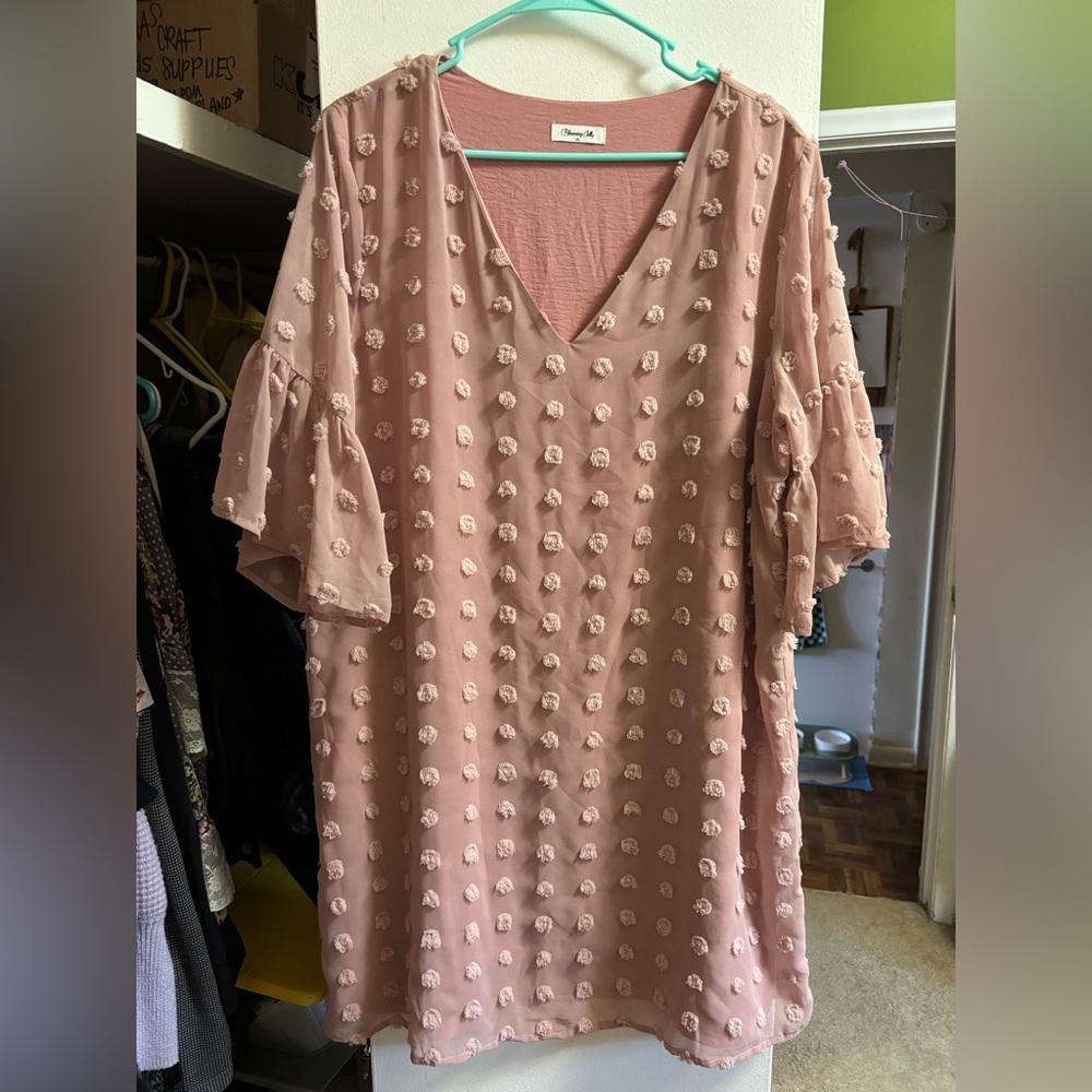Pink Textured polka dot V-Neck mini Dress with statement sleeves